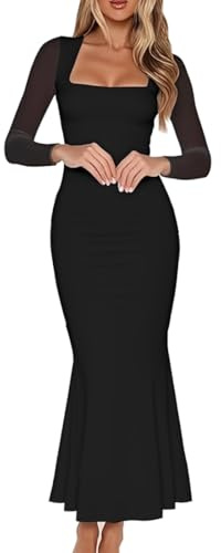 Bcenoilua Womens Formal Party Dresses Sexy Long Sleeve Mesh Ruched Bodycon Maxi Dress Elegant Square Neck Mermaid Long Dress Vintage Casual Wedding Guest Cocktail Dresses Black