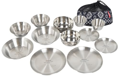 Juego de vajilla de Acero Inoxidable para Camping (12 Piezas), Todo en uno, Ligero, portátil y Reutilizable. Ideal para Camping, Senderismo y picnics. Ahorra Espacio y es fácil de empacar