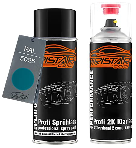 TRISTARcolor 2K Spraydosen Set RAL 5025 Perlenzian Perl glänzend Basislack 2 Komponenten Klarlack Sprühdose Spritzlack Sprühlack