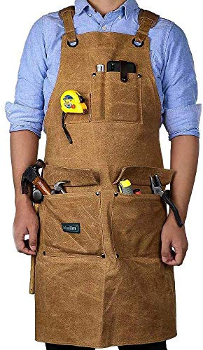 Jefaniim Waxed Canvas Shop Apron for Men & Women.Woodworking Aprons Heavy Duty Work Apron with Pockets. Big Bulk Tool Apron with Adjustable Cross-Back Strap.Adjustable S to XXL (Brown)