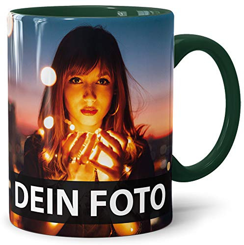 Foto-Tasse zum selbst gestalten mit Foto und Text/mit individuellen Druck in Profiqualität/Personalisierte Geschenk-Idee mit Bild/XXL-Druck/Dunkelgrün