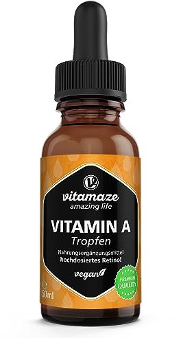 Vitamin A Tropfen hochdosiert 5000 IE pro Tagesdosis, 50 ml (1700 Tropfen), Retinol flüssig & vegan, Natürliche Nahrungsergänzung ohne Zusatzstoffe, hohe Bioverfügbarkeit, Made in Germany