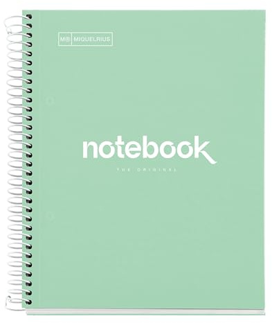 Miquelrius - Cuaderno A5, Notebook Emotions, 80 Hojas de 90 g/m², Libreta Puntos (Dots), 1 Franja de Color, Espiral Microperforado, Tapa Extra Rígida, 2 Taladros, Verde Menta