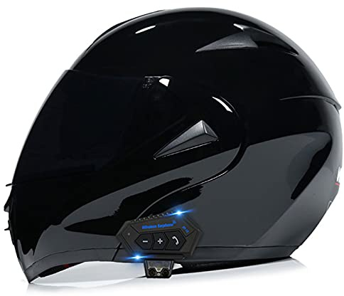 Casco moto bluetooth anti-appannamento doppia visiera casco integrale modulare moto locomotiva casco sicurezza apribile, omologato ECE nero lucido nero opaco (55-62 cm),C,XL