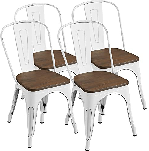 Yaheetech Metal Dining Chairs Set of 4, Industrial Stackable Kitchen Chairs with Wood Top Seat for Dining Room/Restaurant/Bistro/Patio, Indoor & Outdoor Use, White
