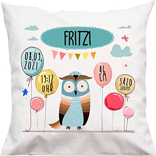 Kleckerliese Baby Kinder Kissen Kissenhülle Tiere Motiv, Eule mit Wunschname Datum Uhrzeit Gewicht Balon Wolken, 40x40 cm Farbe Weiß