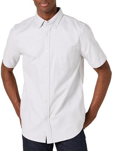 Amazon Essentials Men's Slim-Fit Short Sleeve Stretch Oxford Shirt with Pocket, Light Grey, Large