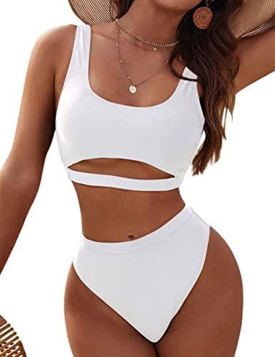 Blooming Jelly Women's High Waisted Bikini Sets High Cut Bathing Suits Two Piece Sporty Cut Out Crop Top Swimsuits(Medium,White)