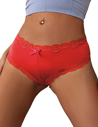 ohyeahlady Women's Lace Satin Panties seamless Knickers Ladies Stretchy Low Rise Bikini Briefs Hipster Lace Underwear for Female Red UK Size 8-10