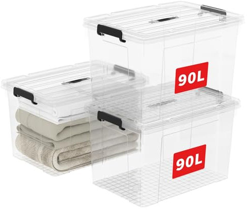 Cetomo 90L*3 Aufbewahrungsboxen, Tragbare Plastikboxen mit Deckeln, Organizer-Behälter mit Griff und Clips, Stapelbar, Ineinander Nestbar, für Zuhause und Büro, Transparent, 90L-3er Pack