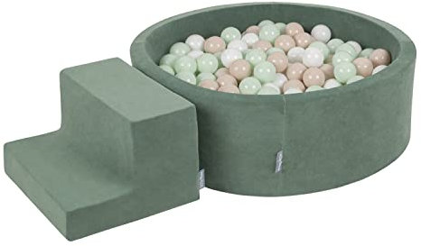 KiddyMoon Spielplatz Velvet Aus Schaumstoff Mit Rund Bällebad (100 Bälle) + Stüfchen Ballgruben Für Babys Spielbad, Hergestellt In EU, Pastellbeige/Weiß/Minze