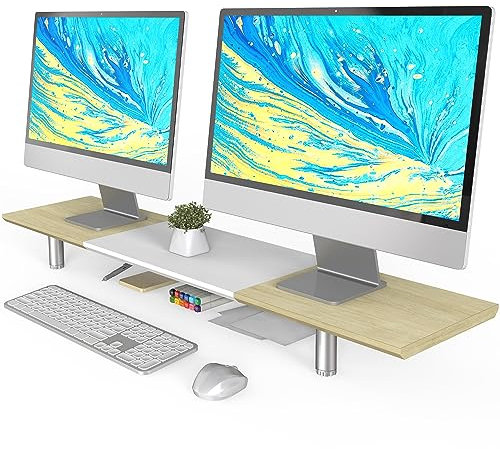 Fenge Großer Monitorständer 100cm Dual Monitor Stands Riser mit Höhenverstellbarem Bein,Multifunktionaler Computer Stand für PC/Laptop/TV, 100x23.5x(9.2-11.2) cm Weiß + Eiche