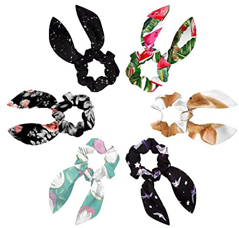 6PCS Hair Scarf Scruncheis for Women Girls, Ribbon Bow Elastic Hair Ties Bands Satin Hair Ribbon Scrunchy Ponytail Holder Accessories,Watermelon and Palm Leaves