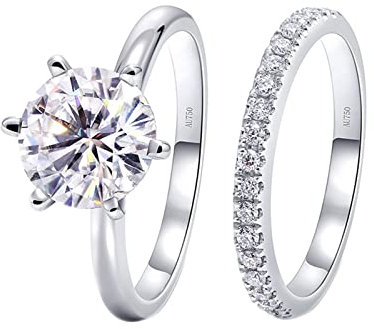 Epinki Ring 18 Karat Weiß Gold Au750, 2er Set Stapelring Eheringe mit Labor Erstellt Diamant, Rundschliff, 18K Gold Trauringe Pärchen Ringe Freundschaftsringe für Damen, Weißgold, Gr.61