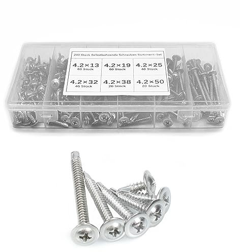 Selbstschneidende Schrauben für Metall, 240 Stück (410) Edelstahl-Modifizierte Truss-Kopf-Blechschrauben-Selbstbohrschrauben-Sortimentskit