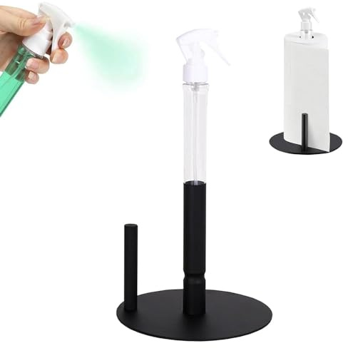 Qivine 2 in 1 Kitchen Roll Holder Free Standing, Stainless Steel Paper Towel Holder, Black Kitchen Roll Holder, Non-Slip Tissue Dispenser with Spray Bottle for Countertop Dining Table