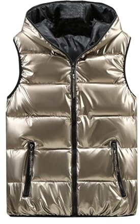 Gilet Chaud D'Hiver Pour Femme – Gilet En Duvet Doré Brillant Pour Femme, Doudoune Épaisse Sans Manches, Vêtements D'Hiver Amples, Veste De Ski En Plein Air, Gilet À Capuche Coupe-Vent, Doré,