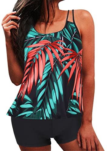 AMDOLE Femmes Taille Haute Bikini Sexy Push Up Deux pièces Maillots de Bain Vintage Maillot de Bain Deux pièces rétro froncé Taille Haute imprimé Bikini Ensemble Tankini Shorts Running Homme