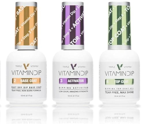 Triple Vitamin Dip Powder Nail Liquid Set - Gel Base Activator Gel Top Set 3 (Step 2-4) 18ml - NO LED UV/LAMP Needed, Color French Pink White Nail Dipping Powder DIY Professional Home Salon
