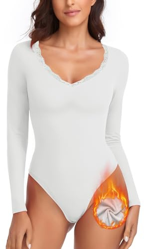 WOWENY Body termico da donna a maniche lunghe elegante con body in pile con scollo a V in pizzo Camicia calda e confortevole