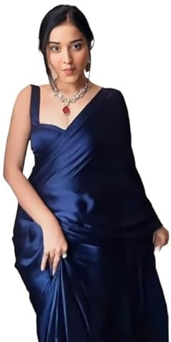 SHOPAZ Ready to Wear Women's Saree, Solid, Satin, Silk, 1 Minute, Pre-pleated, with Unstitched Blouse, One Size Fits Most, Navy Blue