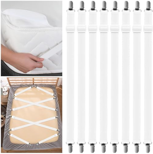 Farerkass 8 Pezzi Tenditori per Lenzuola Regolabili, Ferma Materasso, (35cm-130cm) Bretelle per Lenzuola con Clip in Metallo, Clip Ferma Lenzuola per Lenzuola, Materasso, Divano, ASSE da Stiro