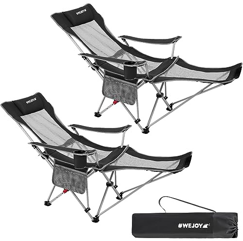 #WEJOY Camping Chairs Folding Recliner Chair Adjustable with Detachable Footrest Headrest Cup Holder Lightweight Portable Reclining Camp Chair Fold Up Chair for Outdoor Beach Garden, Black Set of 2