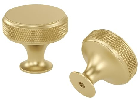LONTAN 5 Pack Gold Drawer Knobs Knurled Brass Knobs, Single Hole Gold Handles Aluminum Alloy Brass Cupboard Handles