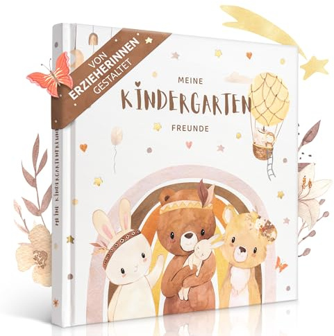 EULENTALER® El libro de amigos de Kita & Kindergarten I diseñado por educadores, animales pintados a mano en aspecto bohemio, diseño apto para niños, estampado dorado, mis primeros amigos para niños y