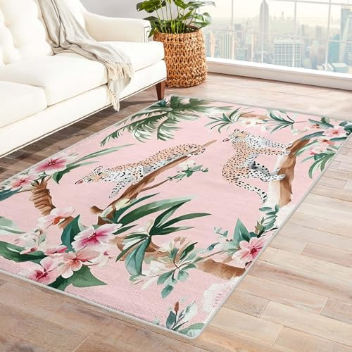 Safari Teppich Kinderzimmer - Teppich Wohnzimmer Schlafzimmer Leopard Rosa Kinder, Kleiner Teppich Dschungel Urwald, Weich Kurzflor & Waschbar & Rutschfest Fussmatte Innen, Kinderteppich 60x90 cm