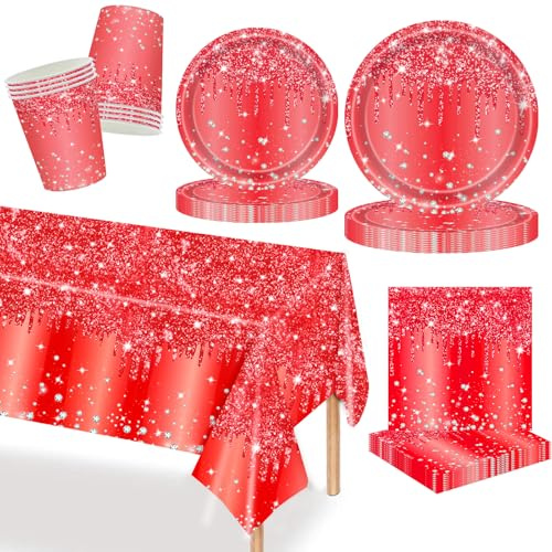 MORAINJAY 69 Pcs Red Party Tableware Set, Red Paper Plates, Cups, Napkins, Birthday, Wedding, Anniversary, Valentine, Christmas, Table Decoration, Holiday Party Supplies