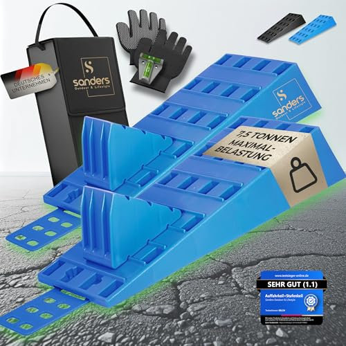 SANDERS Auffahrkeile - [2er Set] robuste Auffahrkeile für Wohnmobil, Wohnwagen | Sicheres & Stufenfreies Nivellieren [<7,5t] Unterlegkeile - (blau)