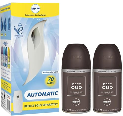 Automatic Air Freshener Dispenser with 2 x 250ml Refill Tins – Deep Oud Fragrance: A Classy, Earthy Blend of Amber, Citrusy Notes, and Rich Agarwood for a Luxurious Scented Experience