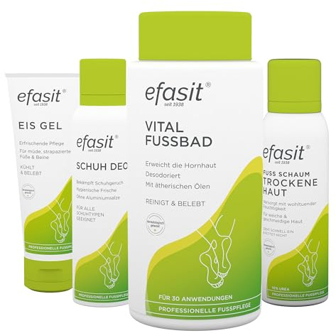 efasit Wohlfühl-Set – Produkte für die ideale Fußpflege: Vital Fußbad zur Reinigung, Eis Gel für müde Beine, Fuß Schaum Trockene Haut für intensive Feuchtigkeit & Schuh Deo für gut duftende Schuhe