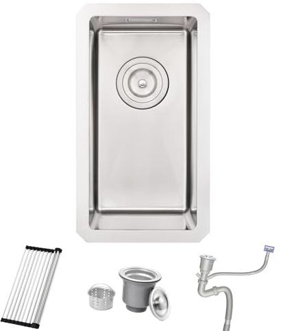 Bokaiya Small Undermount Kitchen Sink, 25 x 45 cm Campervan Kitchen Sink Bowl, Stainless Steel Single Bowl Mini Basin Outdoor Rv with Strainer Waste & Overflow Kit, Roll-up Rack and Siphon, Brushed