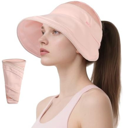 AYPOW Visiere damkeps, bredbrättad UV-keps, ventilerande hopfällbara solvisir, justerbar solhatt för golf, tennis, löpning, cykling, utomhusaktiviteter, rosa, One size