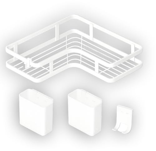 FURANY Duschregal Ecke Schwarz – 5er Set Wandregal Ohne Bohren, Duschablage mit Haken & Becher, Selbstklebend, Rostfrei, Ideal für Badezimmer & mehr (Weiß)