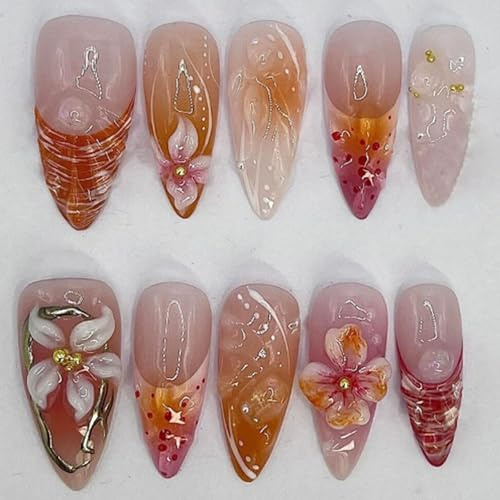 10-Piece Press-On False Nails Set, Translucent Gradient, Mixed Shapes | Glossy nude, pink and orange tones, raised flowers, fine metallic-style lines, assorted widths, home manicures