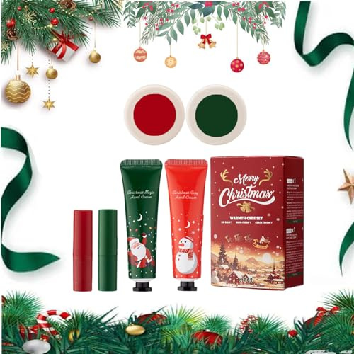 Crema Manos Navidad, Crema de Manos/Bálsamo Labial Navideño/Cremas Pies, 6 Piezas Mini Hand Cream Set, Cremas Hand Agrietadas y Secas, Cuidado Nutritivo de Los Labios, Regalos Navidad