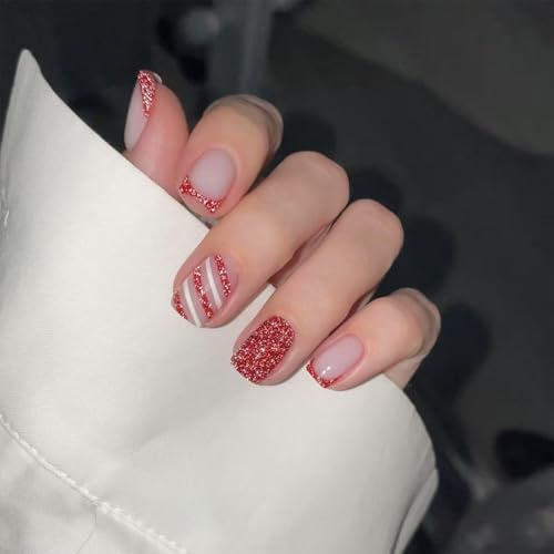Nymora 24 Stück Weihnachten Fake Nägel zum Aufkleben, French Press on Nägel, Rot Weiß Streifen Kunstnägel für Frauen mit Weihnachtsmütze & Schleife Design