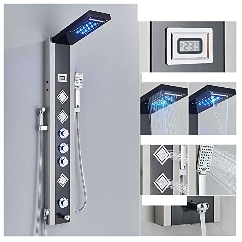XCHSXYL Sistema de Ducha Digital con Panel LED Negro, Grifo de Ducha Tipo Cascada, Columna de Ducha de hidromasaje con Pantalla de Temperatura, Mezclador, fácil de Instalar (9006