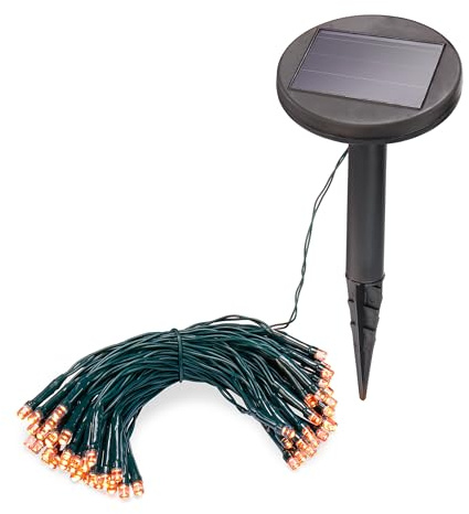 Esotec Solar Lichterkette Outdoor Gartendeko 60 LEDs bernsteinfarben 102172 | 60 bernsteinfarbene LEDs mit 1800K, bis 10Std. Leuchtdauer, Dauer- oder Blinklicht, Kabellänge gesamt 8m, Leuchtlänge 6m
