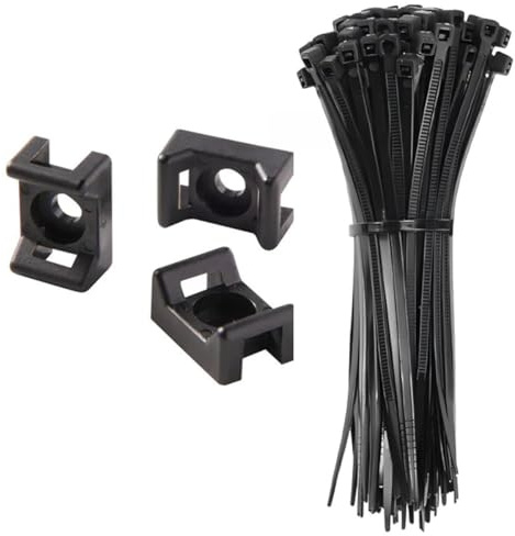 100 Bridas de nylon Negro UV 300x4,8 mm + 100 Soporte curvo para bridas de hasta 9 mm de ancho. Fijación con tornillos.Para Oficina, Hogar, Exteriores, al jardín