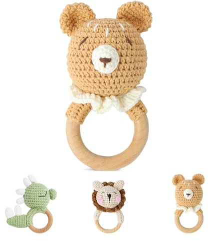 Vicloon Sonajeros y Mordedor Juguetes Bebes, Sonajero de Anillo de Agarre de Ganchillo para Bebé, Sonajeros Dentición de Tela Hecho a Mano para Nacidos, Ayuda para Dentición, Oso