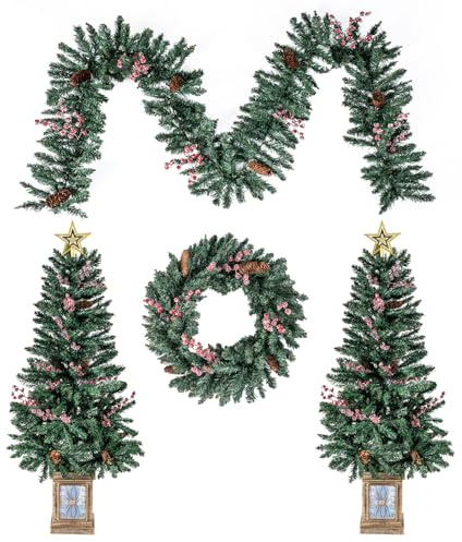 FANTASK 4-teiliges Set Weihnachtsschmuck Deko, Künstlicher Weihnachtsbaum mit Weihnachtsgirlande & Weihnachtskranz, Mini Tannenbaum mit Kiefernzapfen, frostigen roten Beeren & Stern
