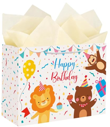 Ssyuysto Große Geburtstags-Geschenktüte, Tier, Happy Birthday, Geschenktüten mit Seidenpapier, Geschenkanhänger, niedliche Party-Geschenktüte mit silbernen Seilgriffen für Kinder, Mädchen, Jungen