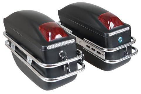Jonlaki Universal Motorcycle Hard Saddlebags with LED Lights & Lock, Side Storage Box for Safe Travel, Pair (Black)