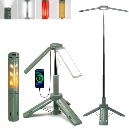 Ollny Teleskop Campinglampe aufladbar mit Stativ 3 Lichtfarben und dimmbar | LED Campinglicht mit Taschenlampe, USB Powerbank für Camping, Outdoor, Reise, Zelt, Wohnwagen