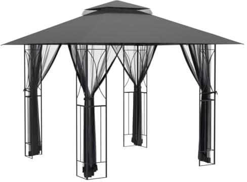 Hommdiy Grillpavillon mit Seitenregalen Anthrazit 240x150x243 cm Stahl Pavillon Gartenpavillon Garten Überdachung Grillhaus Raucherpavillon Gartenmöbel