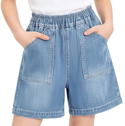 Tokeya Pantalones Cortos Vaqueros Niñas Verano Pantalon Corto 7-15 Años | Bolsillos, Cintura Elástica, Suaves Transpirable Cómodo, Shorts Vaquero, Moda Holgados Jeans Cortos, Casual Streetwear